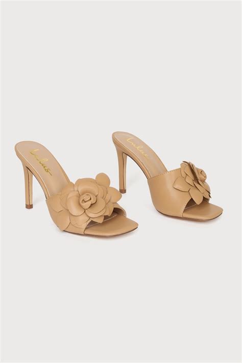 flowina paradise nude|Flowina Light Nude Flower Square Toe Slide High Heel Sandals.